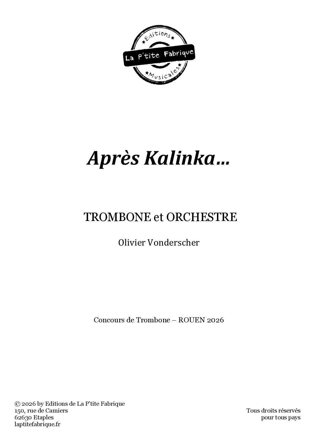 Après Kalinka… partitions Trombone Solo et Orchestre