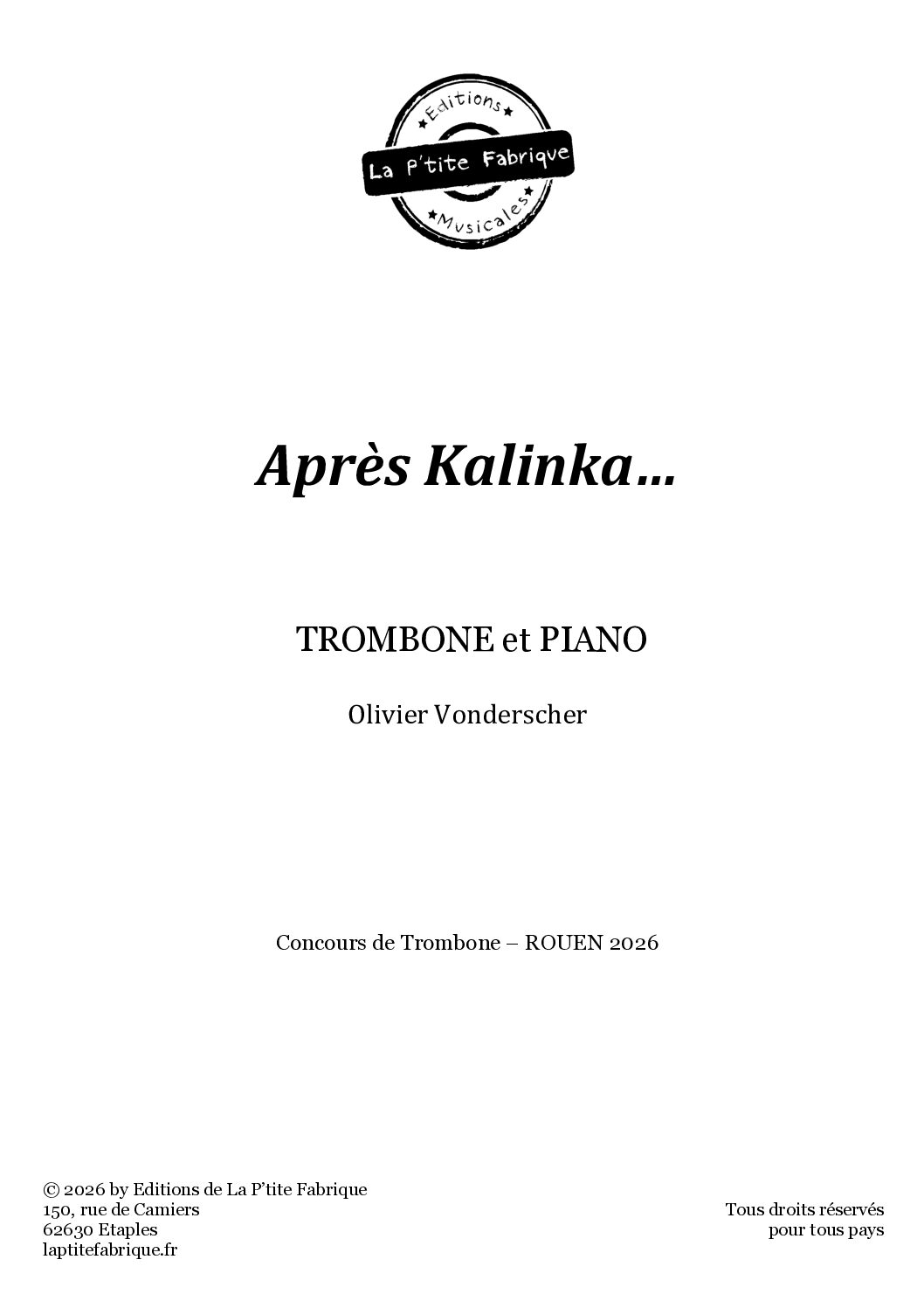 Après Kalinka… partition Trombone Solo et réduction Piano